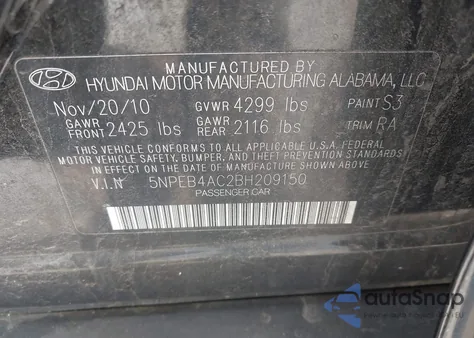 2011 Hyundai Sonata Gls from USA, damaged, VIN 5NPEB4AC2BH209150